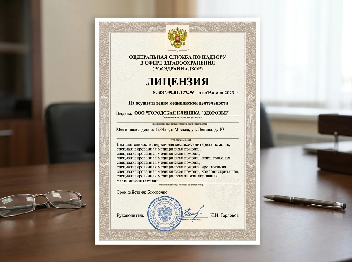 Документ лицензии на осуществление медицинской деятельности, выданный Росздравнадзором, официальный бланк с гербом РФ